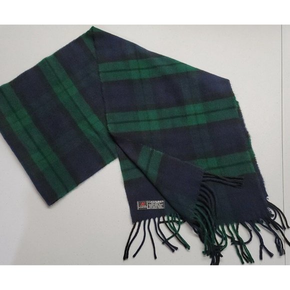 Cashmink Scarf By V. Fraas Super Soft Green Blue Tartan Plaid Scarf W/ Fringe - Picture 3 of 6